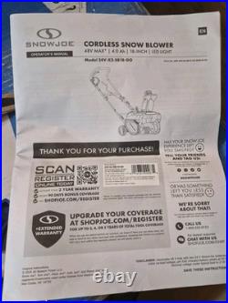 18? Snow Joe IONMAX 24V Cordless Snow Blower w Electric Engine, 24V-X2-SB18-GO