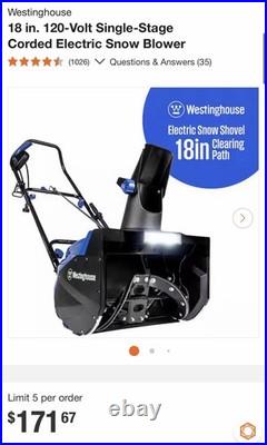 Electric Snow Blower Westinghouse 18 In. 120V Single-Stage Corded Snow Blower
