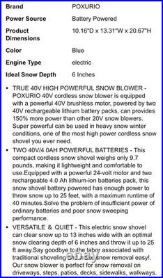 POXURIO 40V Cordless Snow Blower / Snow Shovel With 2 Batteries LIGHTLY USED ONCE POXURIO 40V Cordless Snow Blower / Snow Shovel With 2 Batteries LIGHTLY USED ONCE