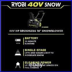 RYOBI Electric Snow Blower 40V 18 in 1-Stage (6ah) battery