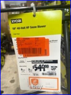 Ryobi 40V HP Brushless 18 in. Single-Stage Cordless Electric Snow Blower RY40809