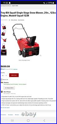 SHIPS NEW IN BOX Troy-Bilt 31A-2M5GB66 21 123cc 1-Stage 4Cycle Gas Snow Blower