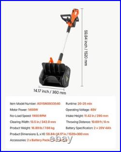 VEVOR 40V 13.5 Electric Snow Shovel Cordless 2 x 4.0Ah Battery 20 ft Snow Blow